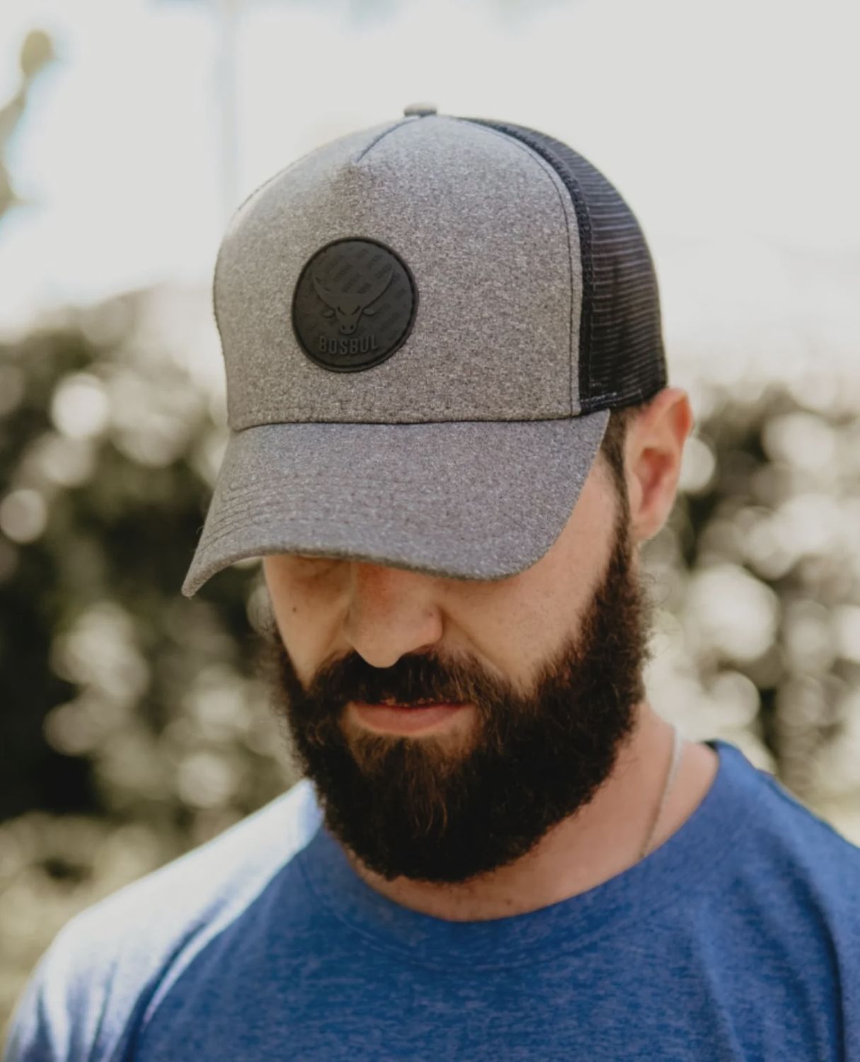Grey Trucker Cap With Rubber Bosbul Logo