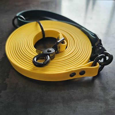 Longe artisanale en BioThane® jaune et vert chasseur – 15 pieds