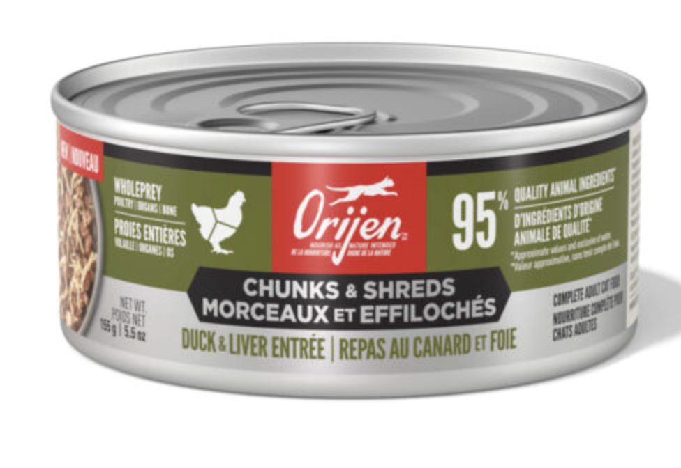 Nourriture humide ORIJEN Morceaux et effilochés pour chats – Canard et foie