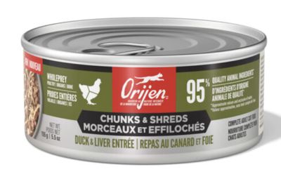 Nourriture humide ORIJEN Morceaux et effilochés pour chats – Canard et foie