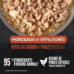Nourriture humide ORIJEN Morceaux et effilochés pour chats – Saumon et poulet