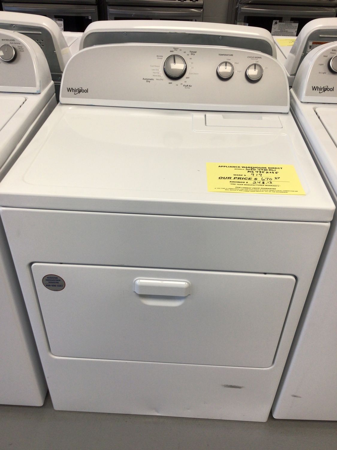 WHIRLPOOL DRYER WED4950HW-3 ELECTRIC
