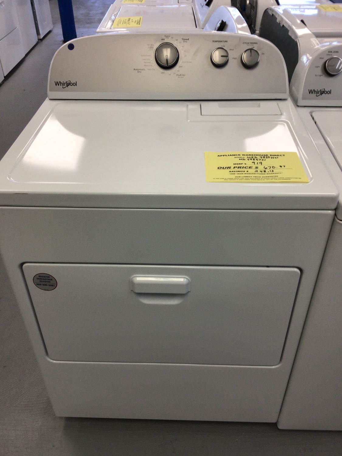 WHIRLPOOL DRYER WED4950HW-1 ELECTRIC