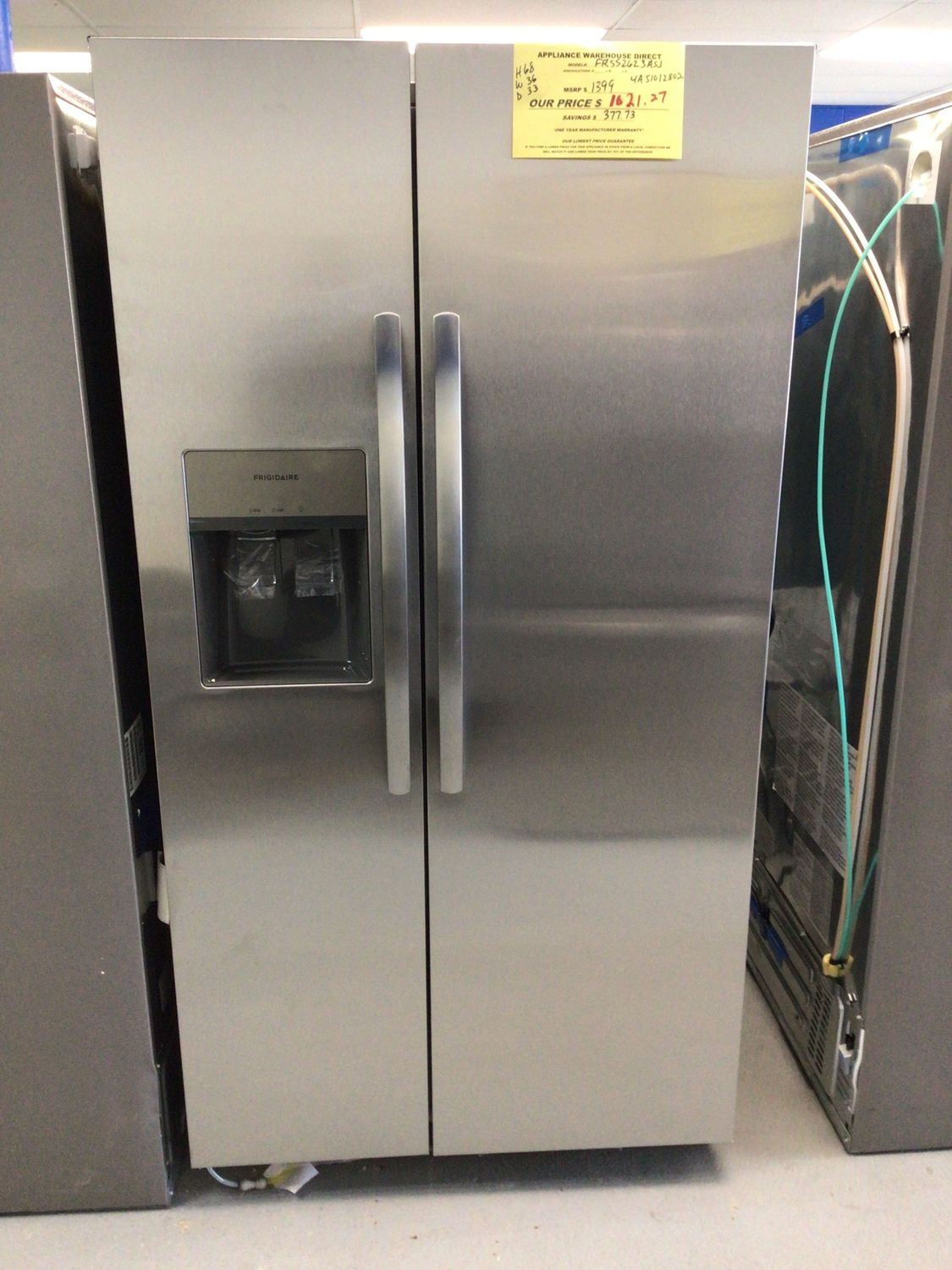 FRSS2623AS-8 Frigidaire 25.6 cu.ft. Side by Side with Ice Stainless Steel Energy Star H.68 W.36 D.33