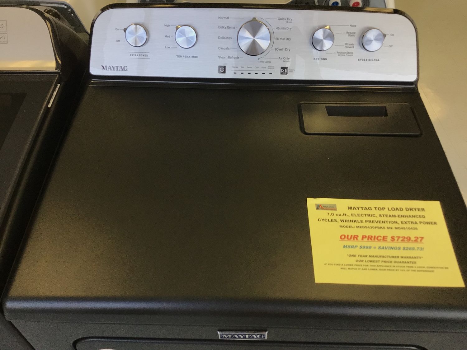MED5430PBK MAYTAG ELECTRIC DRYER VOLCANO BLACK EXTRA POWER, STEAM ENHANCED MOISTURE SENSING WRINKLE PREVENTION