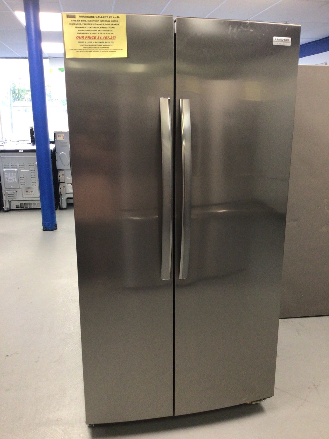 GRSN2620AF-1 FRIGIDAIRE GALLERY REFRIGERATOR, 26 cu.ft., SIDE-BY-SIDE, SMUDGEPROOF STAINLESS STEEL H 69.875&quot; W 36.125&quot; D 35.875&quot;