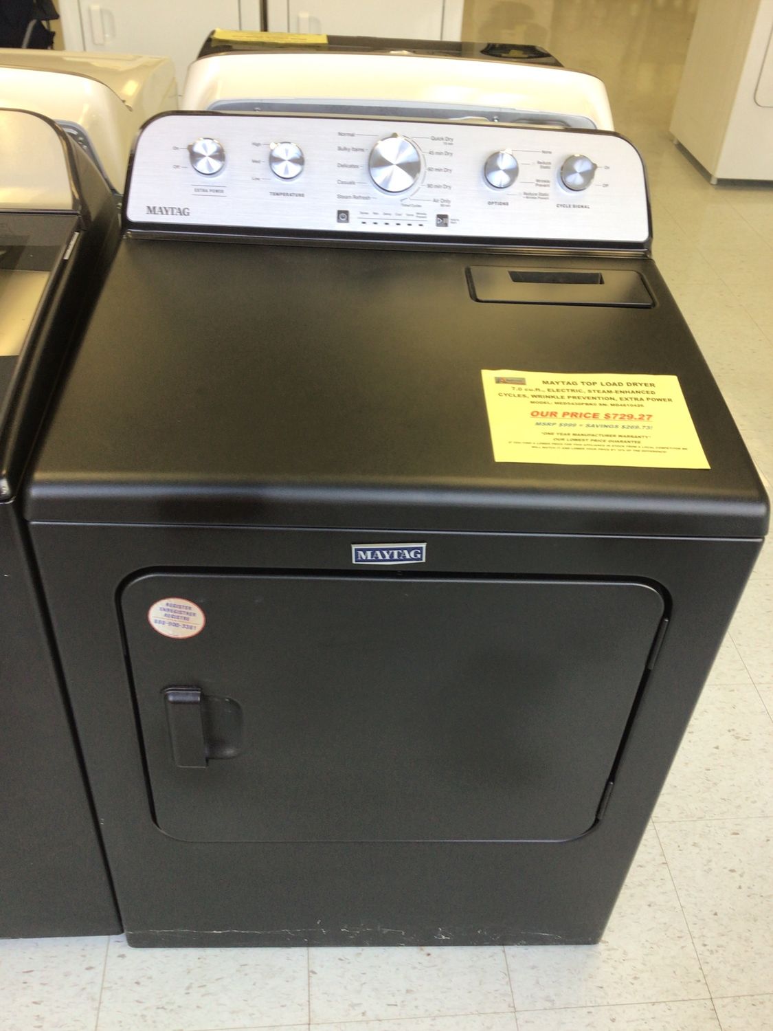 MED5430PBK MAYTAG ELECTRIC DRYER VOLCANO BLACK EXTRA POWER, STEAM ENHANCED MOISTURE SENSING WRINKLE PREVENTION