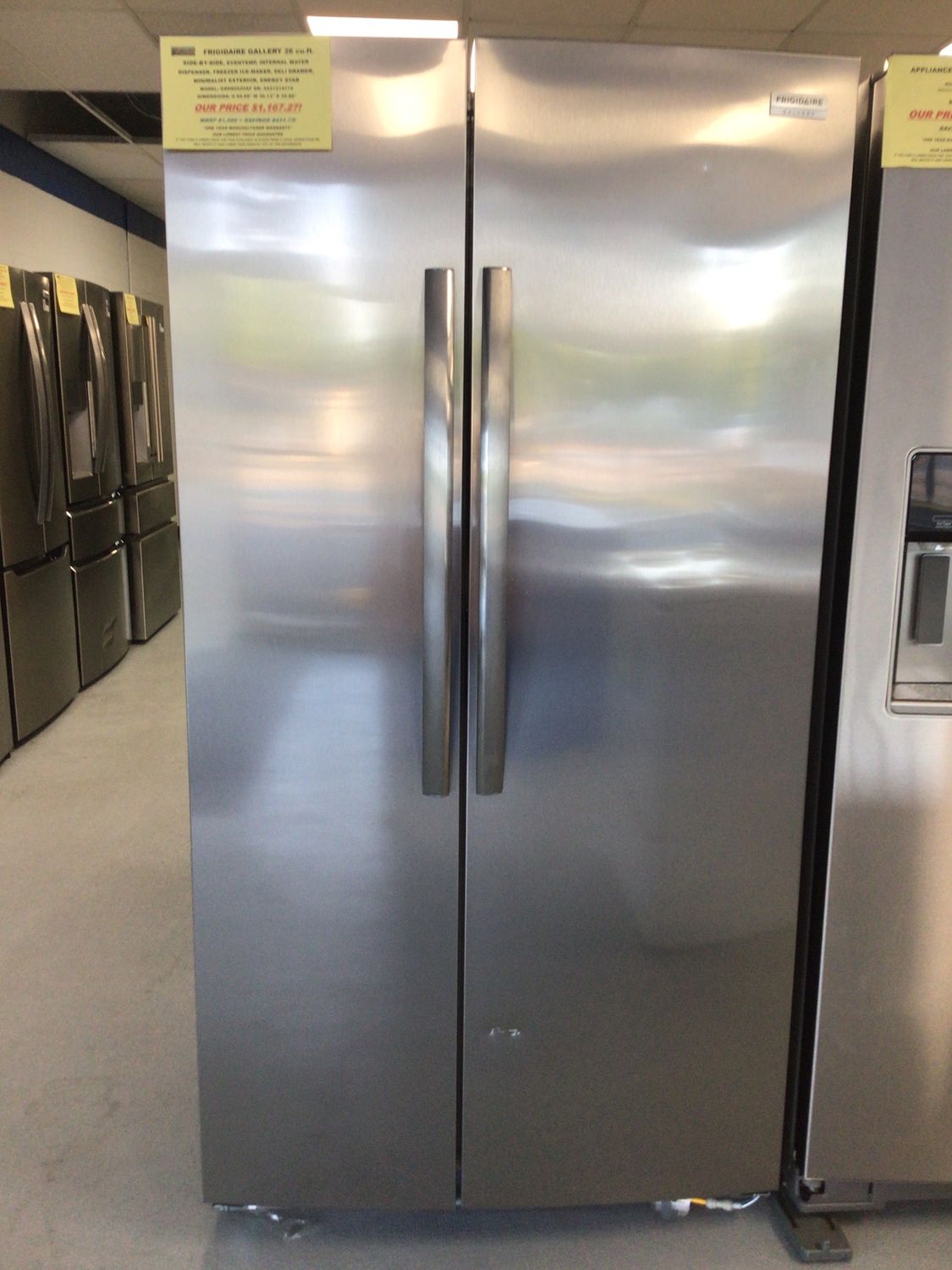GRSN2620AF FRIGIDAIRE GALLERY REFRIGERATOR, 26 cu.ft., SIDE-BY-SIDE, SMUDGEPROOF STAINLESS STEEL H 69.875&quot; W 36.125&quot; D 35.875&quot;