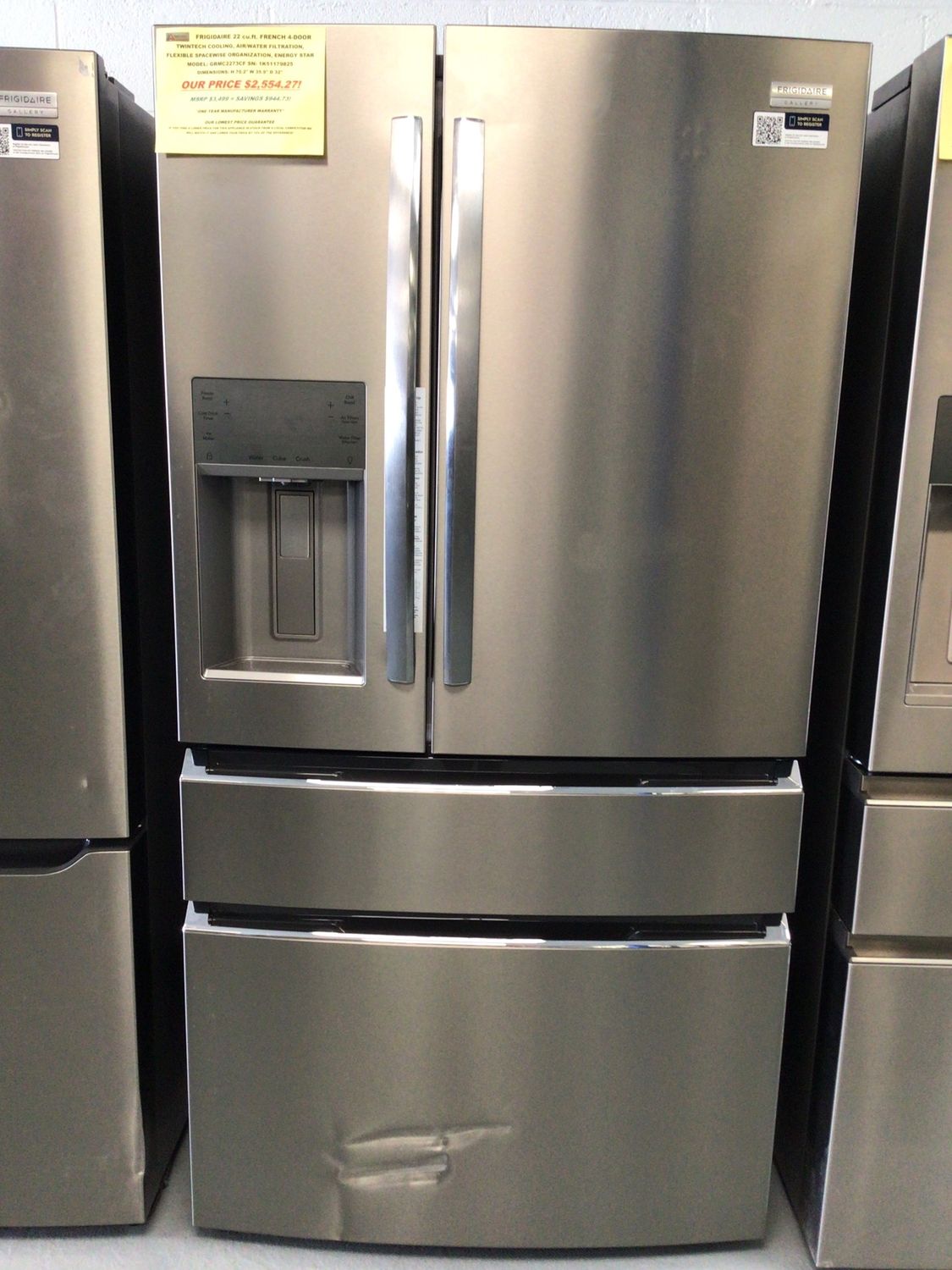 GRMC2273CF FRIGIDAIRE GALLERY REFRIGERATOR, 22 cu.ft., 4-DOOR FRENCH DOOR, SMUDGEPROOF STAINLESS STEEL, H 70.2&quot; W 35.9&quot; D 32&quot;