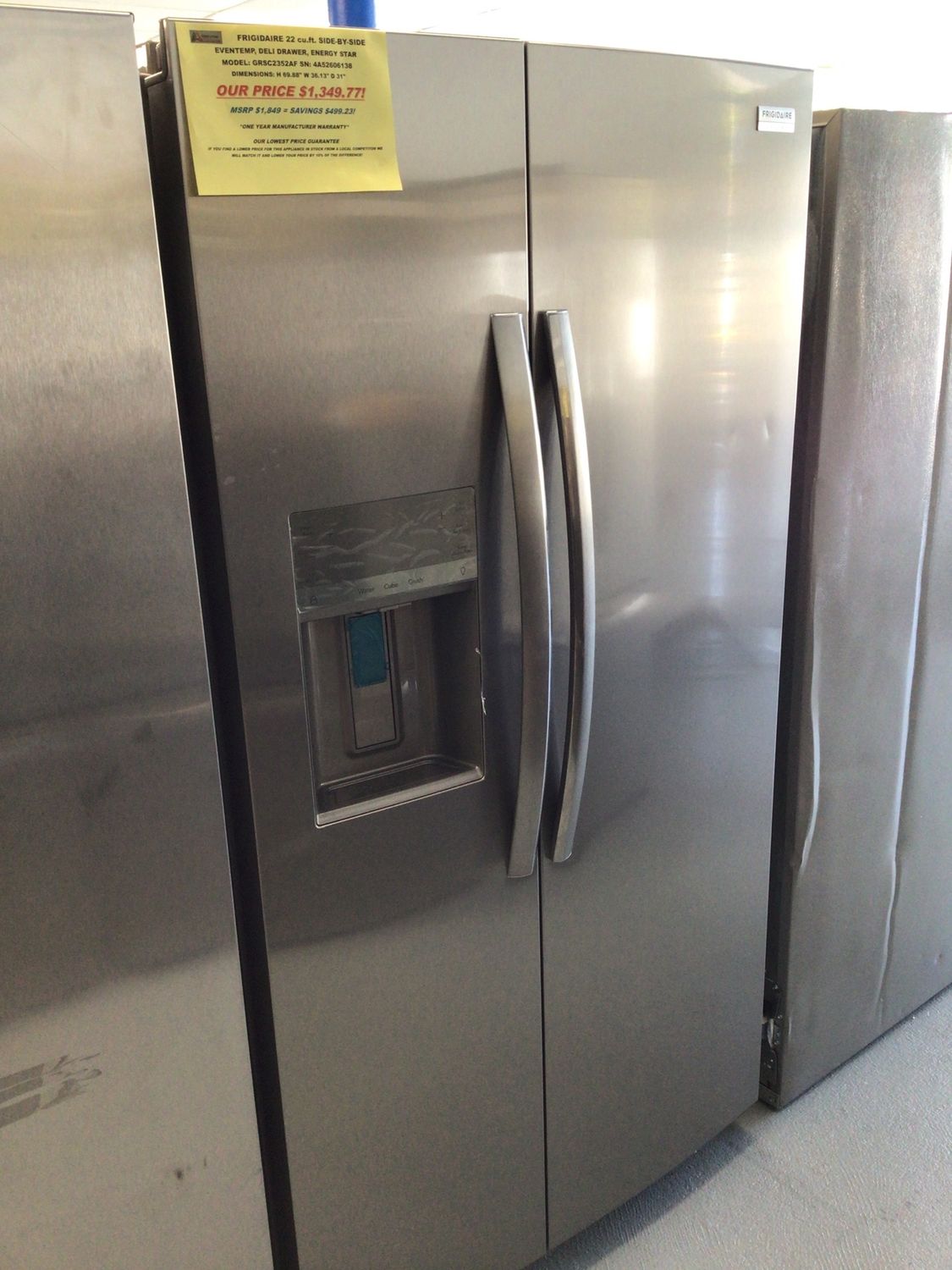 GRSC2352AF FRIGIDAIRE REFRIGERATOR, 22 cu.ft., SIDE-BY-SIDE, SMUDGE-RESISTANT STAINLESS STEEL H 69.875&quot; W 36.125&quot; D 31&quot;