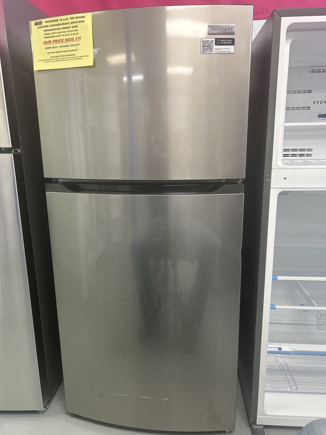 FFHT1425VV-1 FRIGIDAIRE REFRIGERATOR, 14 cu.ft., TOP-MOUNT, FINGERPRINT RESISTANT STAINLESS STEEL LOOK,H 60.5&quot; W 27.625&quot; D 29.375&quot;