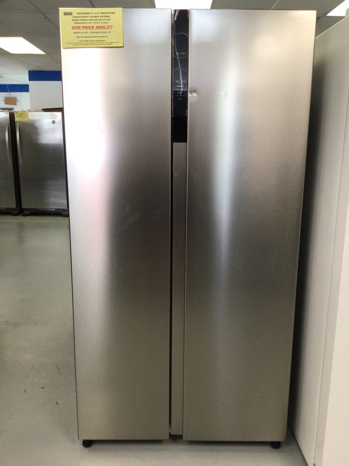 FRSG2115AV FRIGIDAIRE REFRIGERATOR, 21 cu.ft., SIDE-BY-SIDE, GARAGE READY, SMUDGE-RESISTANT STAINLESS STEEL, H 69.7&quot; W 35.8&quot; D 28.69&quot;