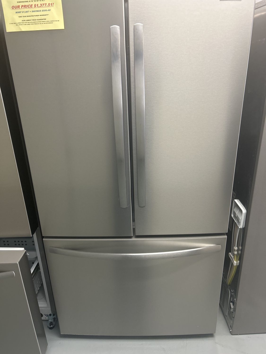 FRFN2813-1 FRIGIDAIRE REFRIGERATOR, 29 cu.ft., 3-DOOR FRENCH DOOR, SMUDGEPROOF STAINLESS STEEL H 70&quot; W36&quot; D 35.7&quot;