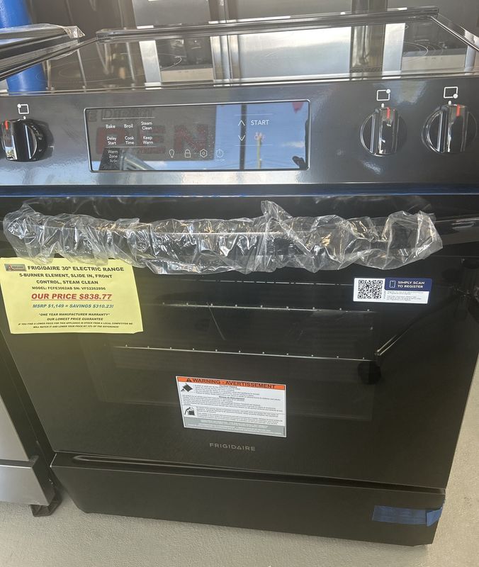 FCFE3062AB FRIGIDAIRE 30" ELECTRIC RANGE, 5-BURNER ELEMENT, SLIDE IN, FRONT CONTROL, STEAM CLEAN, BLACK