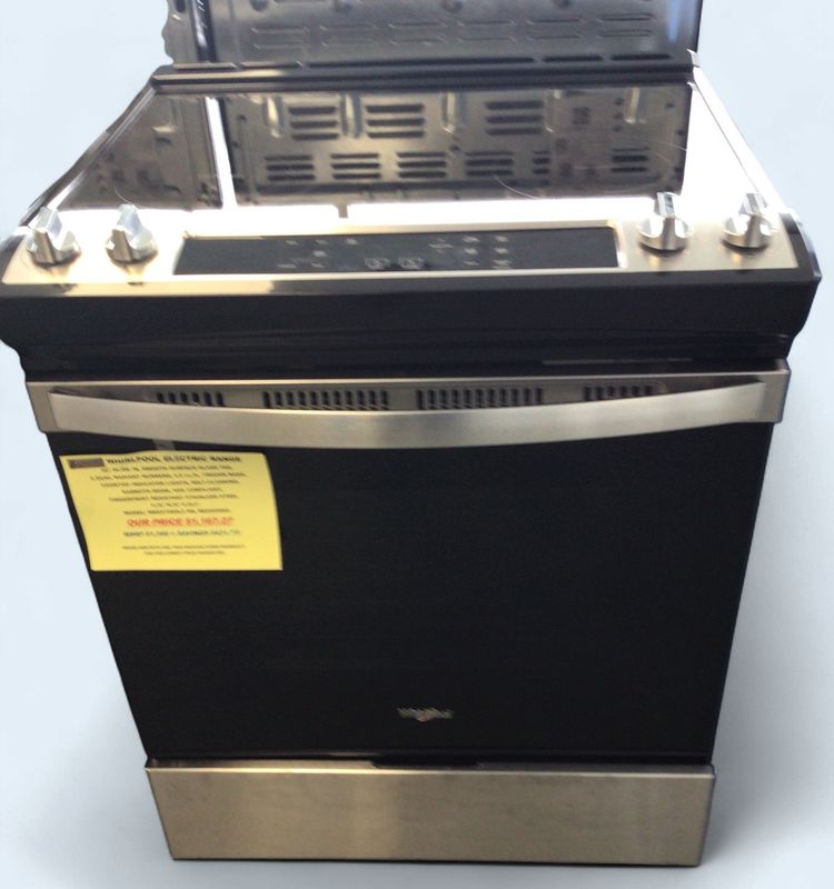 WEE515S0LZ WHIRLPOOL ELECTRIC RANGE 30" SLIDE IN, SMOOTH SURFACE GLASS TOP, 4 DUAL RADIANT BURNERS, 4.8 cu.ft., FROZEN BAKE, COOKTOP INDICATOR LIGHTS, SELF-CLEANING, SABBOTH MODE, ADA COMPLIANT, FINGE