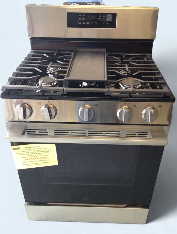 LRGN6323Y LG GAS RANGE 30" FREESTANDING, 5-BURNER, 6.3 cu.ft, SMART COMPATIBLE, AIR FRY, PRO-BAKE CONVECTION, 10  MIN EASY CLEAN CYCLE, DIGITAL DISPLAY, SABBOTH MODE,  STORAGE DRAWER, STAINLESS STEEL,