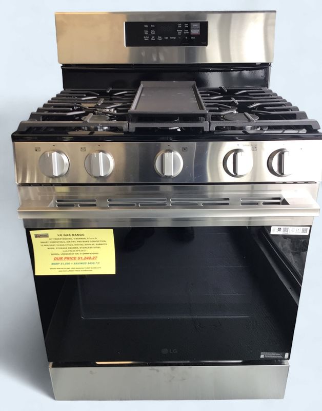 LRGN6323Y-2 LG GAS RANGE 30" FREESTANDING, 5-BURNER, 6.3 cu.ft, SMART COMPATIBLE, AIR FRY, PRO-BAKE CONVECTION, 10  MIN EASY CLEAN CYCLE, SABBOTH MODE,  STAINLESS STEEL H.46.5"W.30"D.29.3"