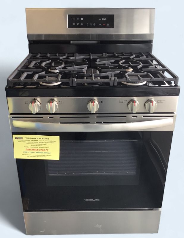 FCRG306LAF FRIGIDAIRE GAS RANGE, 30"FREESTANDING,  5-BURNER, 5.1 cu.ft., QUICK BOIL, 30 MIN STEAM CLEAN, STORAGE DRAWER, FINGERPRINT RESISTANT STAINLESS STEEL, H.35.63"W.30"D.26"
