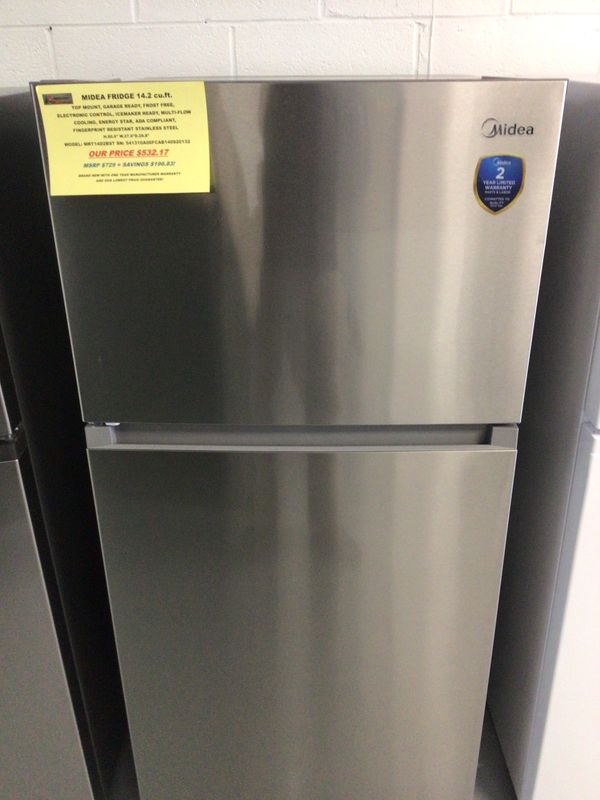 MRT14D2BST MIDEA REFRIGERATOR 14.2 cu.ft. TOP MOUNT, GARAGE READY, FROST FREE, ELECTRONIC CONTROL, ICEMAKER READY, MULTI-FLOW COOLING, ENERGY STAR, ADA COMPLIANT, STAINLESS STEEL H.60.6" W.27.6"D.28.8