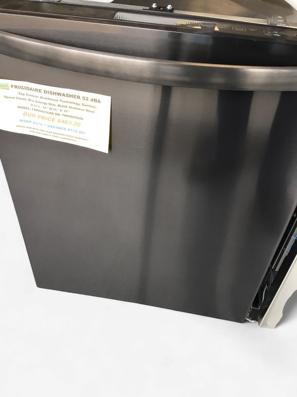 FDPH4316AD Frigidaire Dishwasher 52 dBA, Top Control, DishSense Technology, Sanitize, Speed Clean, Dry, Energy Star, Black Stainless Steel, H.33.5 - 35 " W.24 " D. 25"