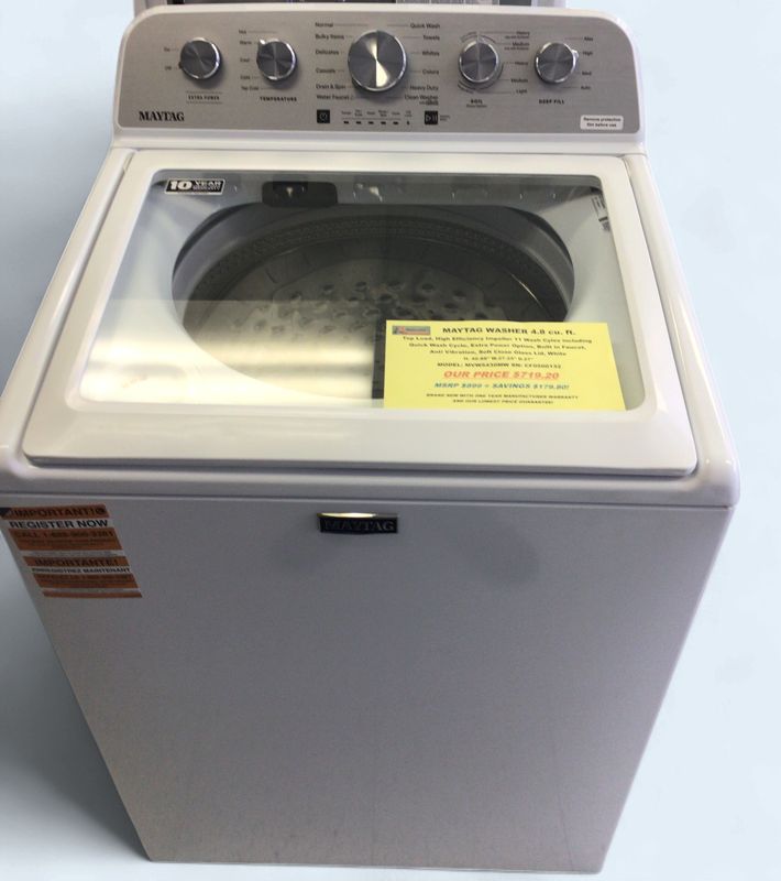 MVW5430MW Maytag Washer 4.8 cu ft Top Load, High Efficiency Impeller 11 Wash Cyles including Quick Wash Cycle, Extra Power Option, Built in Faucet, Anti Vibration, Soft Close Glass Lid, White, H. 40.8