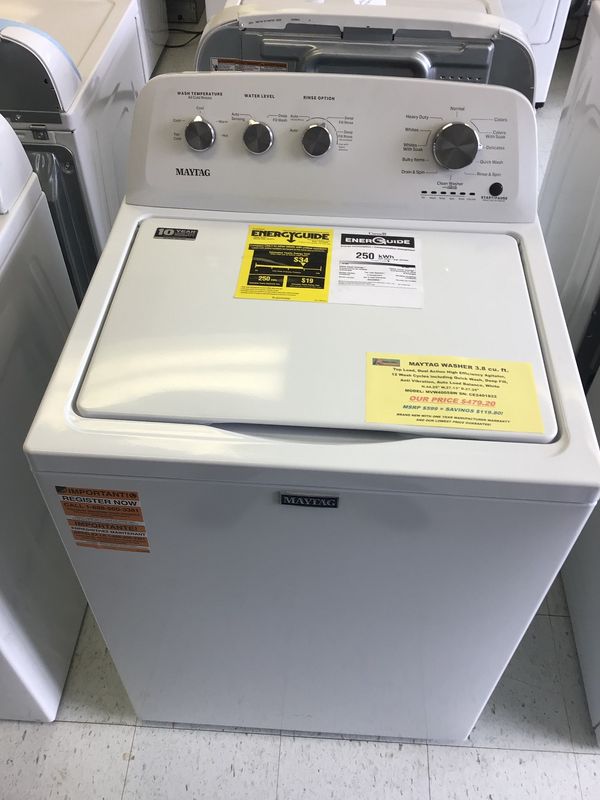 MVW4005SW Maytag Washer 3.8 cu ft Top Load, Dual Action High Efficiency Agitator, 12 Wash Cycles including Quick Wash, Deep Fill, Anti Vibration, Auto Load Balance, White, H.44.25" W.27.13" D.27.25"