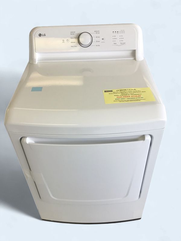 DLE6100W LG Dryer 7.3 cu ft Electric, Top Load, 5 Cycles, Sensor Dry, Smart Diagnosis, Flow Sense Duct Clog Sensor, White, H.44.5" W.27" D.29.5"