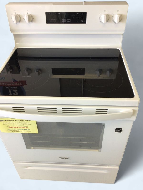 WFES3030RW Whirlpool Range Electric, Freestanding, Glass Top 5 burners, FlexHeat Dual Radiant Elements, 5.3-cu ft Oven, No Preheat, Auto Temp Sense, Energy Star, White, H.46.88  - 47.88" W.29.88 " D.2