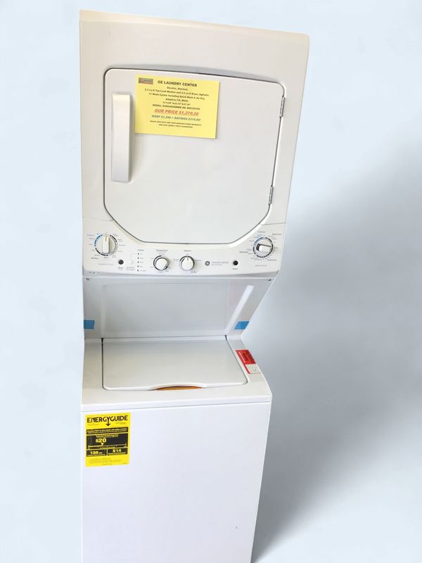 GUD24ESSMWW GE Laundry Center Electric, Stacked, 2.3 cu ft Top Load Washer and 4.4 cu ft Dryer, Agitator, 11 Wash Cycles including Quick Wash &amp; Air Dry, Adaptive Fill, White, H.74.88" W.23.75" D.27.38