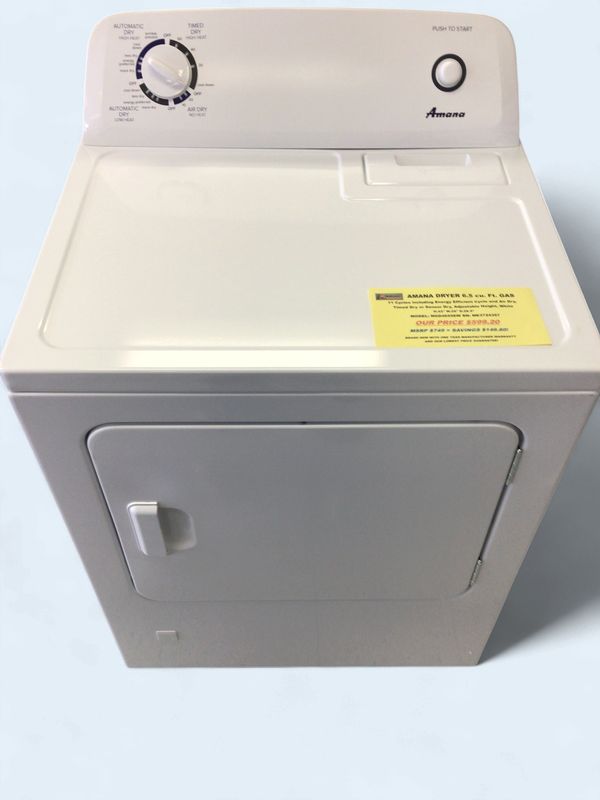 NGD4655EW-1 Amana Dryer 6.5 cu ft, Gas, Top Load, 11 Cycles including Energy Efficient Cycle and Air Dry, Timed Dry or Sensor Dry, Adjustable Height, White, H.42" W.29" D.28.5"