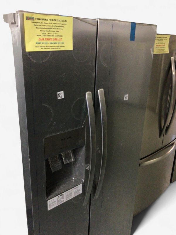 FRSS2323AS Frigidaire Fridge 22.3 cu ft Side-by-Side, Ice Maker, 11 lb Ice Bucket Capacity, Water and Ice Dispenser, EvenTemp Cooling, Adjustable/Removeable Glass Shelves, Energy Star, Stainless Steel