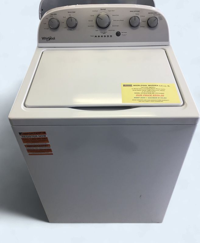 WTW4816FW-2 Whirlpool Washer 3.5 cu ft Top Load, Agitator, 12 Wash Cyles including Quick Wash Cycle,  Deep Water Wash, Add a Garment, White, H. 42" W.27.5" D.27"