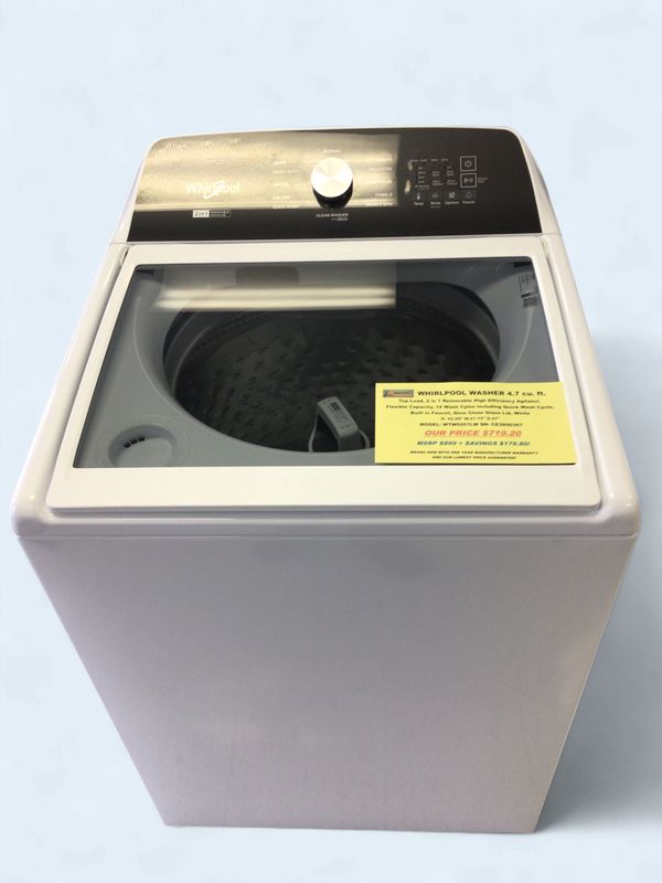 WTW5057LW Whirlpool Washer 4.7 cu ft Top Load, 2 in 1 Removable High Efficiency Agitator, Flexible Capacity, 12 Wash Cyles including Quick Wash Cycle, Built in Faucet, Slow Close Glass Lid, White, H. 