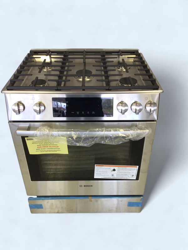 HGI8056UC Bosch  30" Gas Range 800 Series, Slide in, 5 Burners, 4.8-cu ft Convection Oven with Temp Conversion, Self-Cleaning Cycle, Sabboth Mode, Stainless Steel, H.36.5 - 38" W.31.5 " D.29.19 "