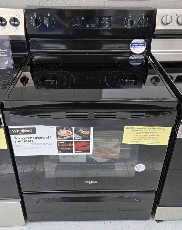 WFES3030RB Whirlpool Range Electric Freestanding, Glass Top, 4 Burner, 5.3 cu.ft. oven, No Preheat, Energy Star, Black H.46.88"-47.88" W.29.88 "D.27.75"