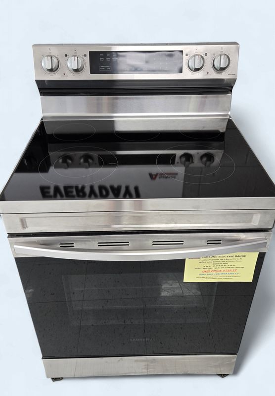 NE63A6311SS/AA Samsung Range Electric Freestanding Glass Top 5-Burner 6.3 cu.ft. WiFi &amp; Voice Control, Self &amp; Steam Clean, Stainless Steel, H.46.31"-47.1" W.29.94" D.28.69"