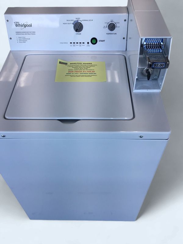CAE2745FQ Whirlpool Washer 3.3 cu ft Commercial Top Load, Coin-Operated, 4 Cycles, Traditional Flex-Vane Agitator, Stainless Steel Tub, White H.44.5" W.27" D.26"