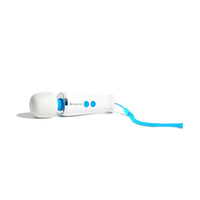 The magic wand micro, a miniature version of the classic magic wand. The toy is a wand style vibrator with an off-white silicone head, a blue neck, a silver disk above its &quot;shoulders&quot;, a white plastic handle, two blue buttons for power and speed, and a blue ribbon handle. 