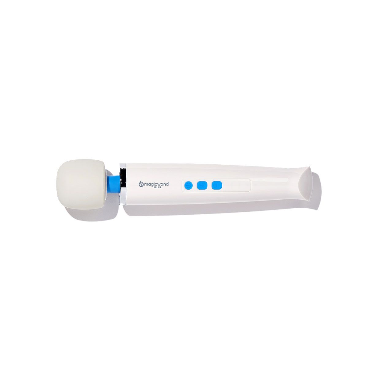 A photo of the magic wand mini, depicting a small cordless wand vibrator with an off-white silicone head, a blue neck, a silver ring around its shoulders, and a sleek white body with three buttons and a magic wand logo.