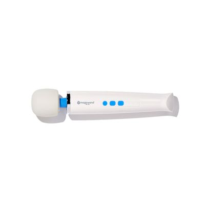 A photo of the magic wand mini, depicting a small cordless wand vibrator with an off-white silicone head, a blue neck, a silver ring around its shoulders, and a sleek white body with three buttons and a magic wand logo.