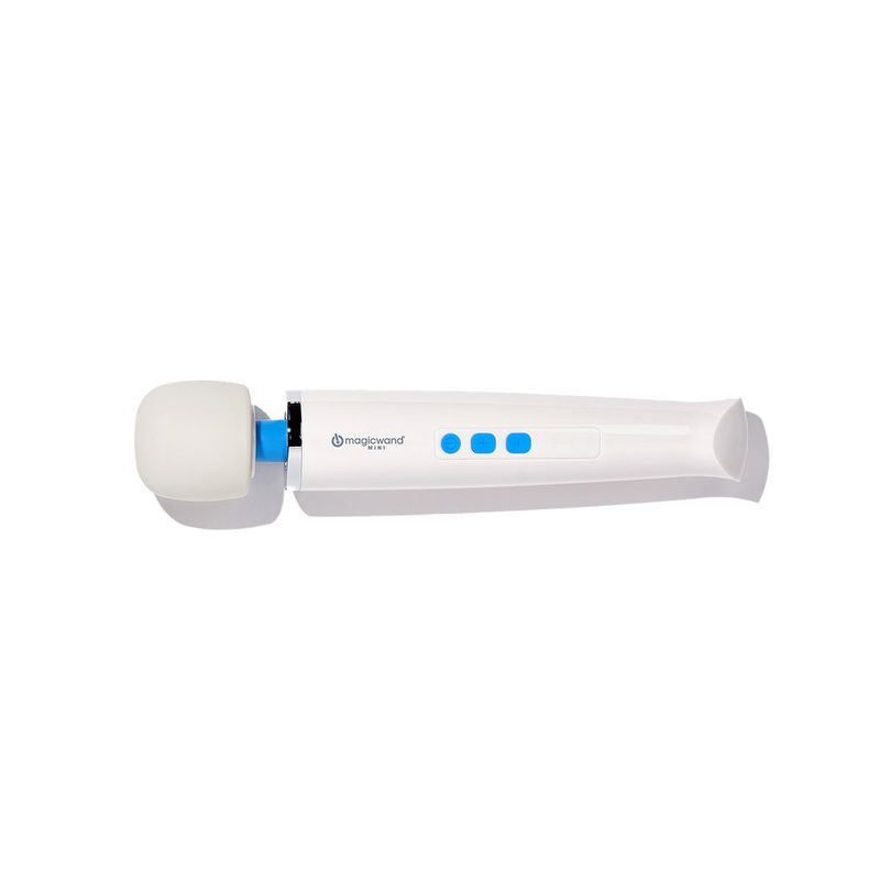 A photo of the magic wand mini, depicting a small cordless wand vibrator with an off-white silicone head, a blue neck, a silver ring around its shoulders, and a sleek white body with three buttons and a magic wand logo.