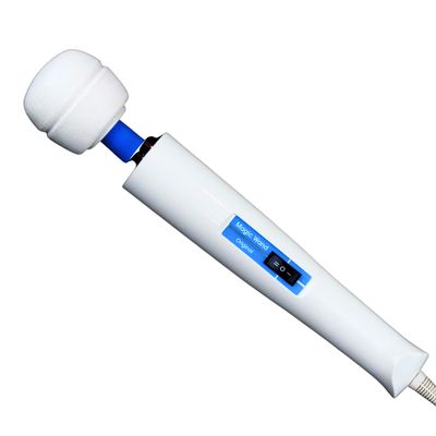 The magic wand original, bearing a squat tpe head with a single stripe horizontally across the center, a blue neck, a silver ring around its shoulders, a white plastic cylindrical handle with a blue decal and a black rocker switch, and a necessary cord at the rear.