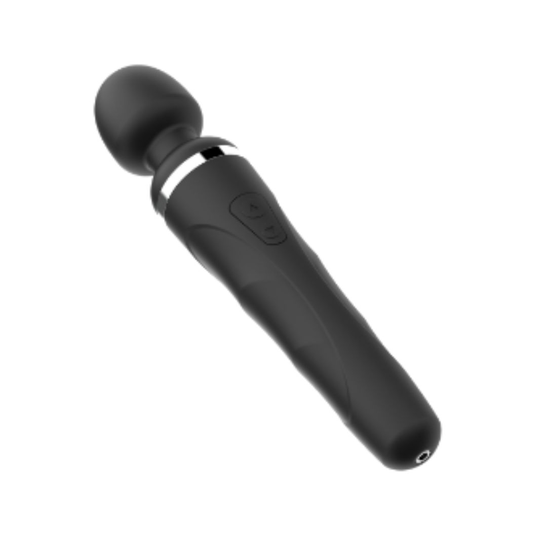 The Domi 2 by Lovense, a cordless black wand vibrator with a silver band around its &quot;shoulders&quot;.
