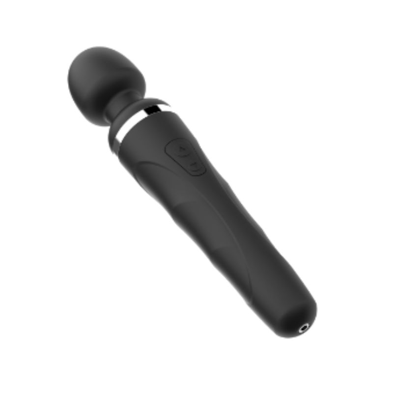 The Domi 2 by Lovense, a cordless black wand vibrator with a silver band around its &quot;shoulders&quot;.