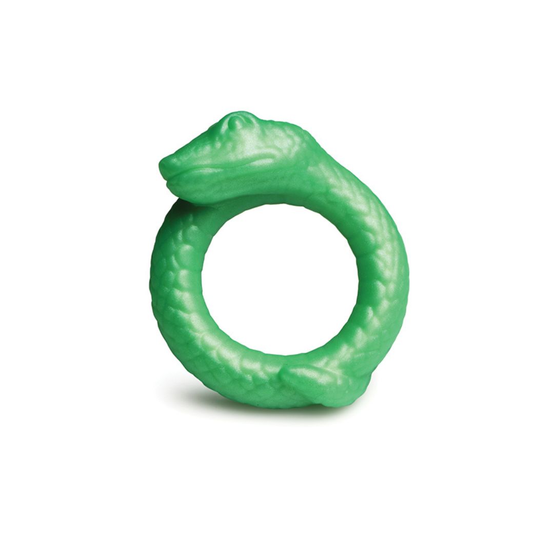 A jade green silicone c-ring shaped like a snake coiled upon itself. It sports a large head and a slight scale texture.
