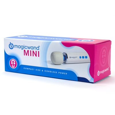 A photo of the mini in its box, which is white with blue and pink decorations and text. 