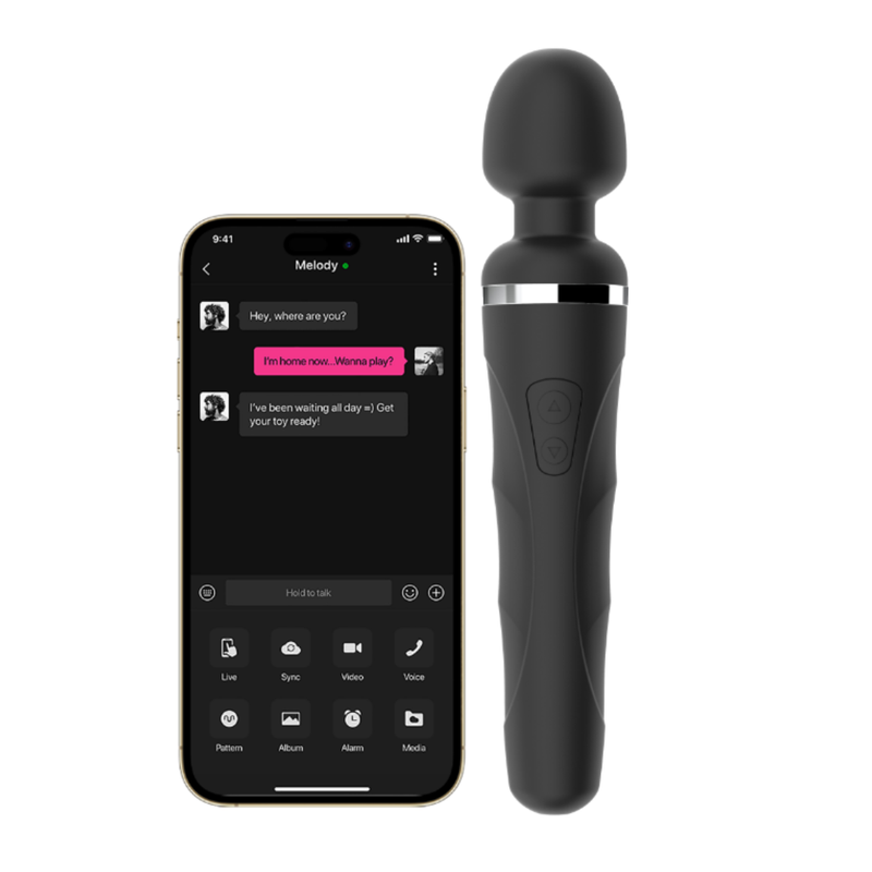 The Domi 2 depicted next to a smartphone showing off its in-app chat feature. 