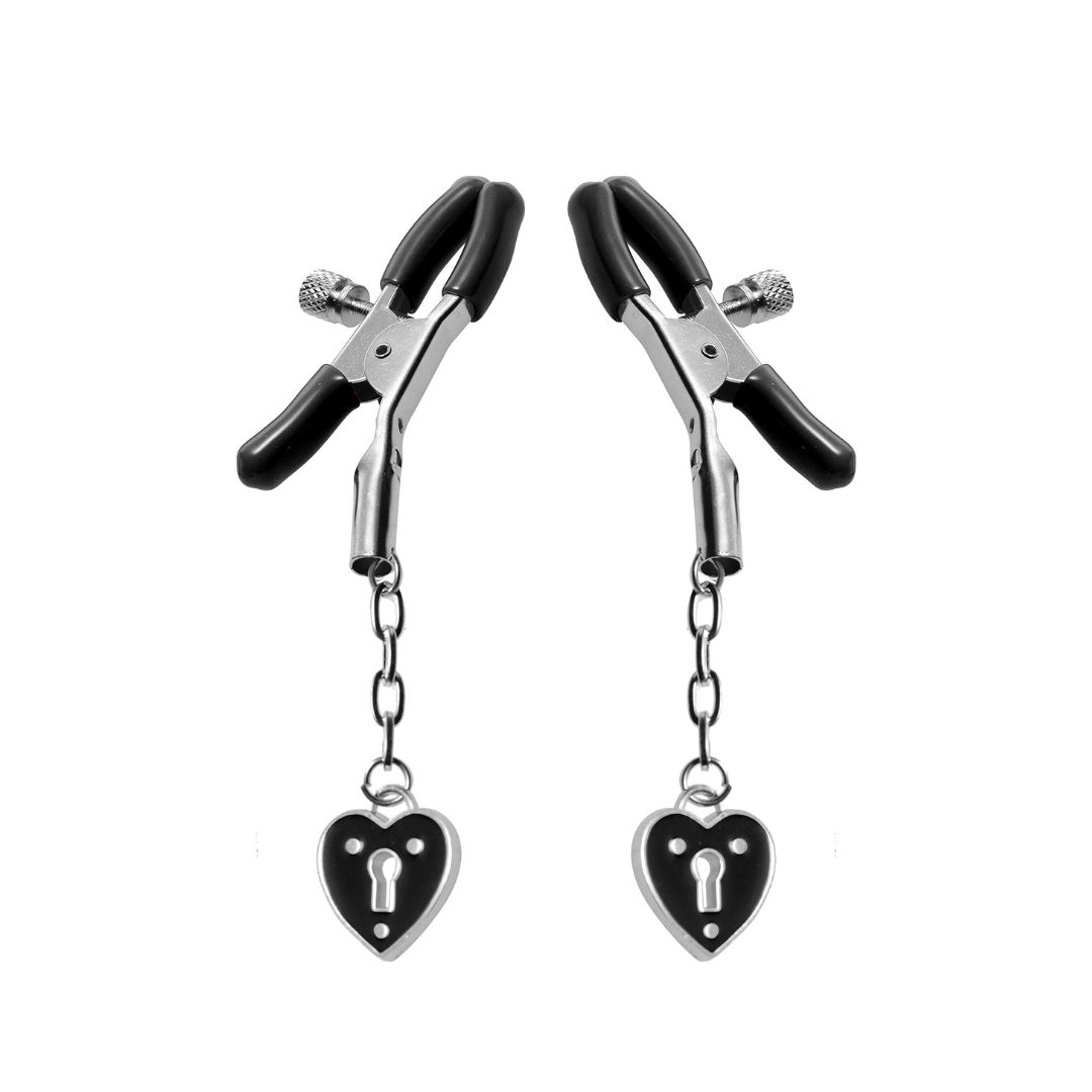 Charmed Heart Padlock Nipple Clamps, Color: Black
