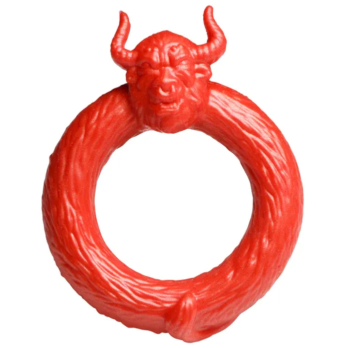 A red silicone c-ring sculpted with a smooth, subtle fur texture and the head of a horned minotaur on top. 