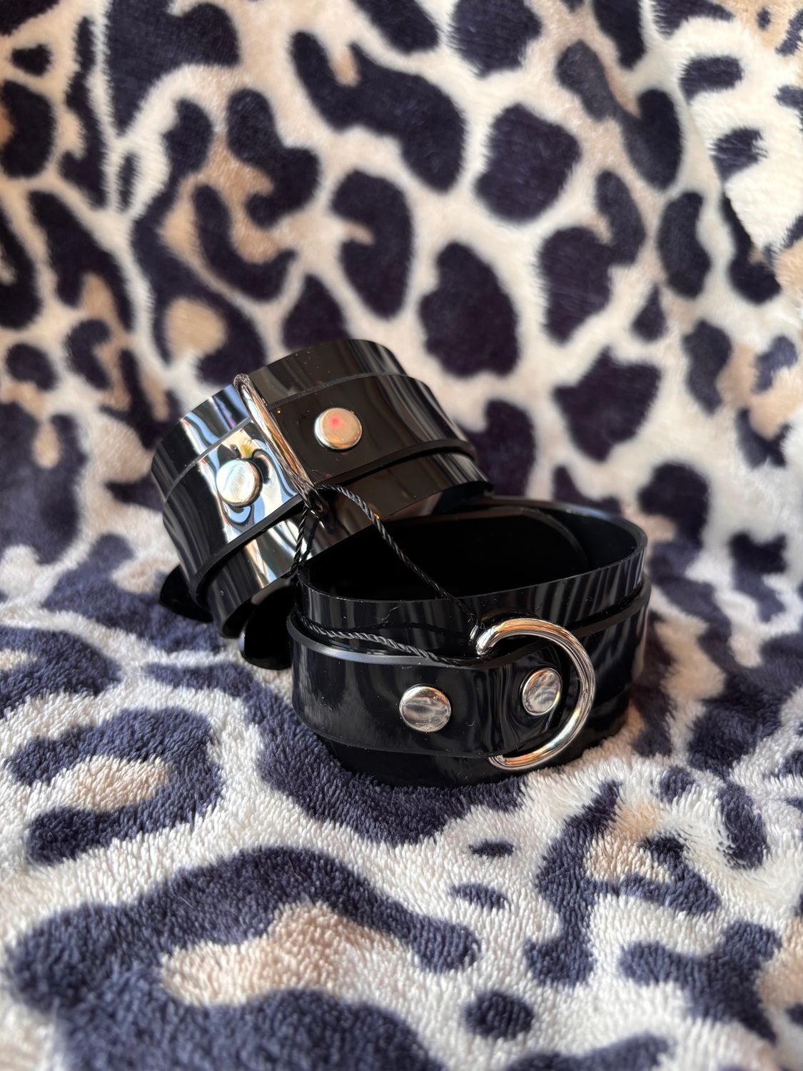 Bondage D-Ring Cuff Bracelets- Black Gloss PVC